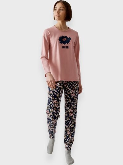 Γυναικεία Βαμβακερή Πιτζάμα Μινέρβα Pink Dusty/Μαύρο Floral (90-52637)
